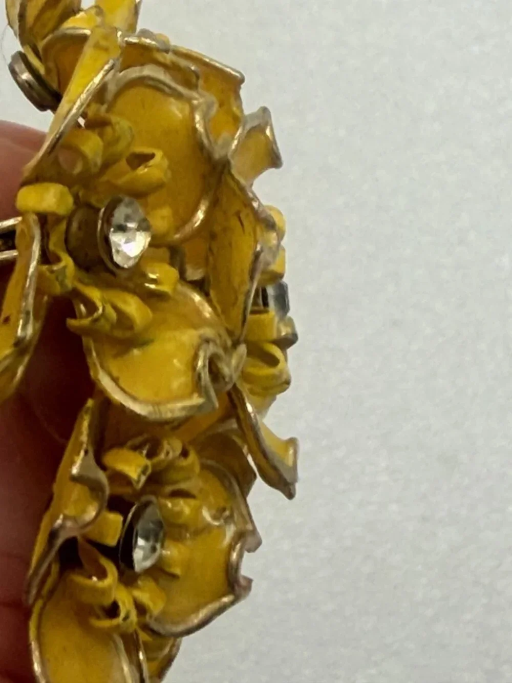Vintage Yellow Floral Cluster Brooch Pin with Rhinestones